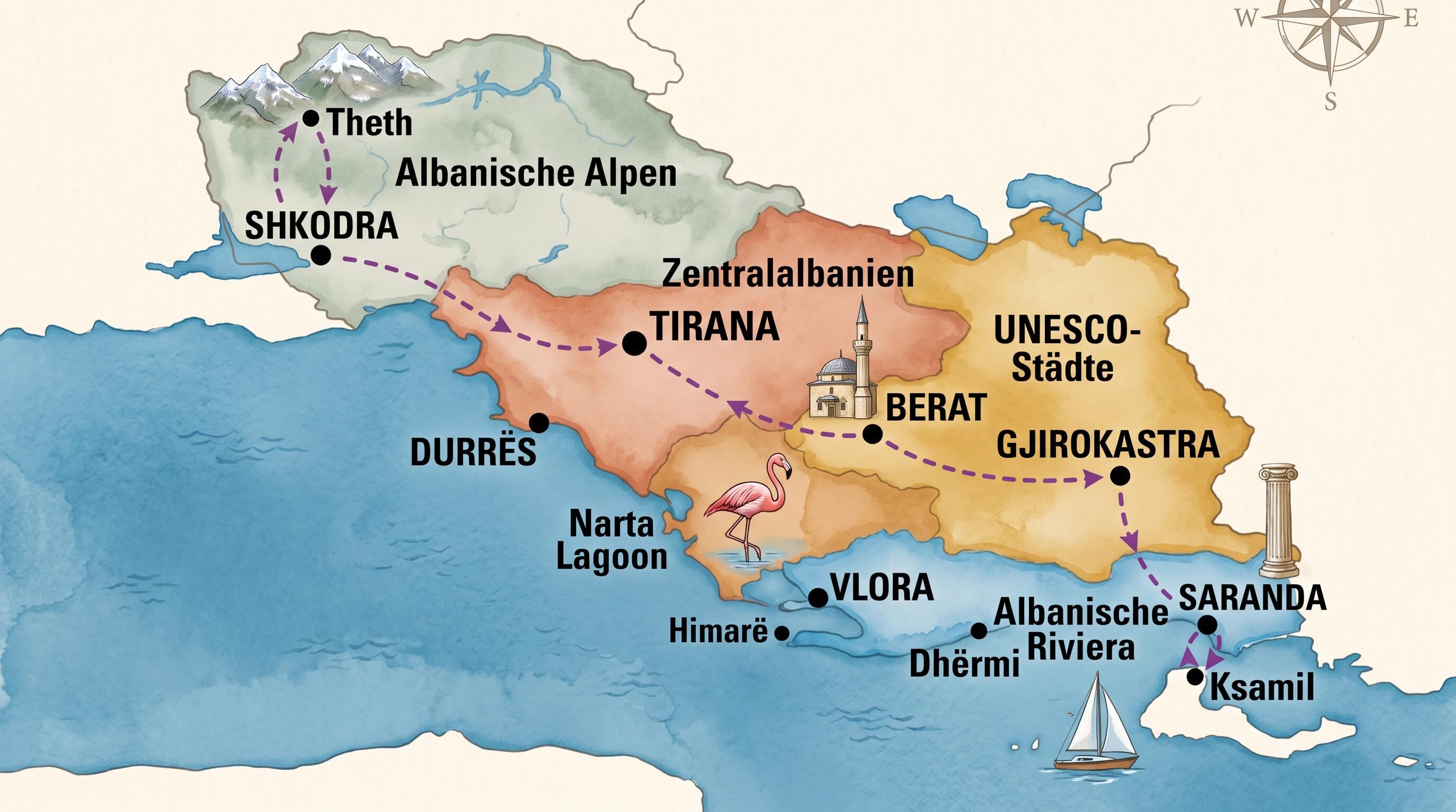 Map of Albania showing the four main regions: Albanian Alps, Central Albania, UNESCO Cities and Albanian Riviera, as well as the round trip route from Shkodra to Ksamil.