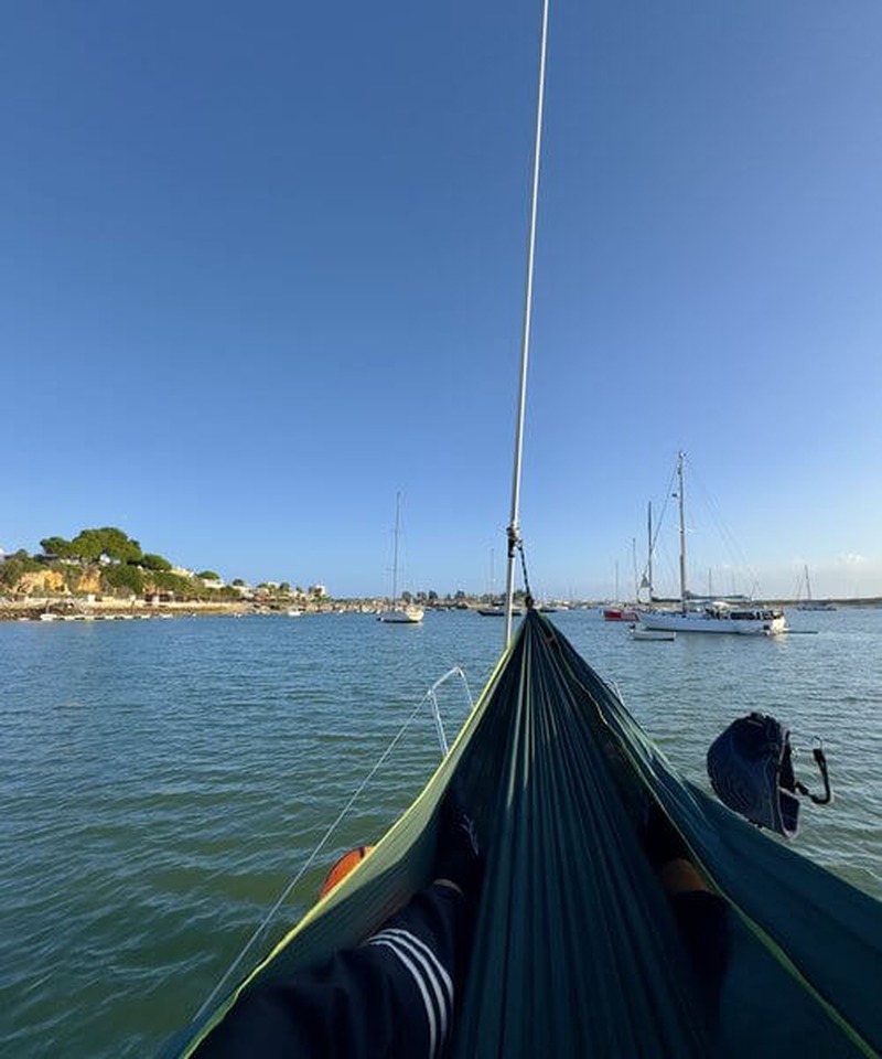 Hammock over the bow of the sailboat