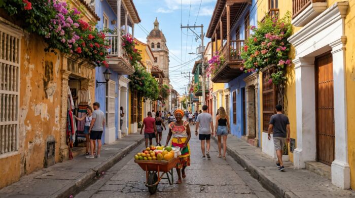 Cartagena Altstadt Kolumbien — Palenquera mit Obstwagen in der historischen Ciudad Amurallada