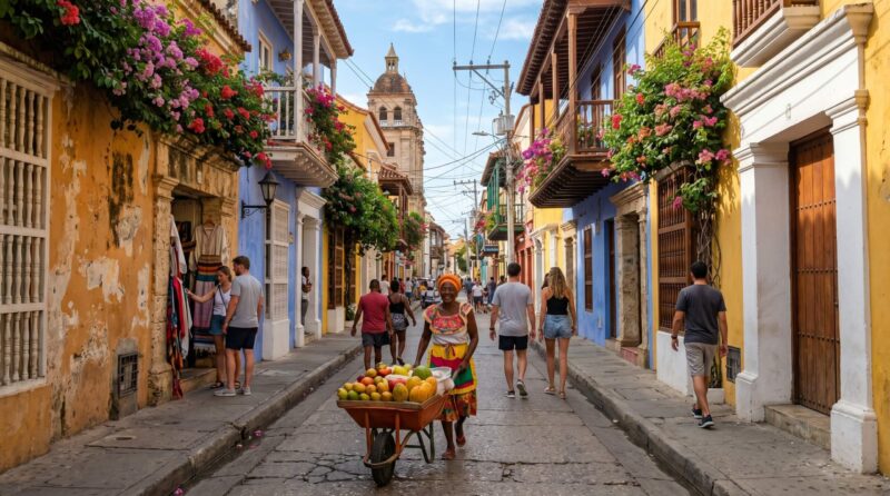 Cartagena Altstadt Kolumbien — Palenquera mit Obstwagen in der historischen Ciudad Amurallada