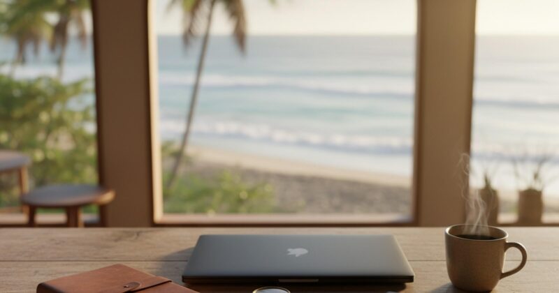 Digital nomad workspace in a seaside café — laptop, notebook, coffee — symbolic of Digital Nomad Insurance