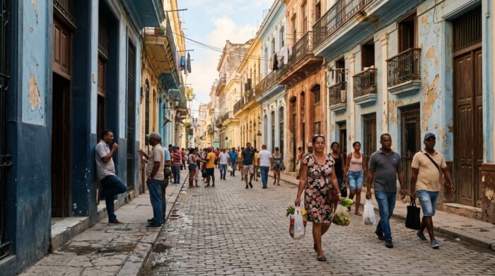 Havana Old Town La Habana Vieja Cuba — Cuban street life with locals and colorful colonial facades