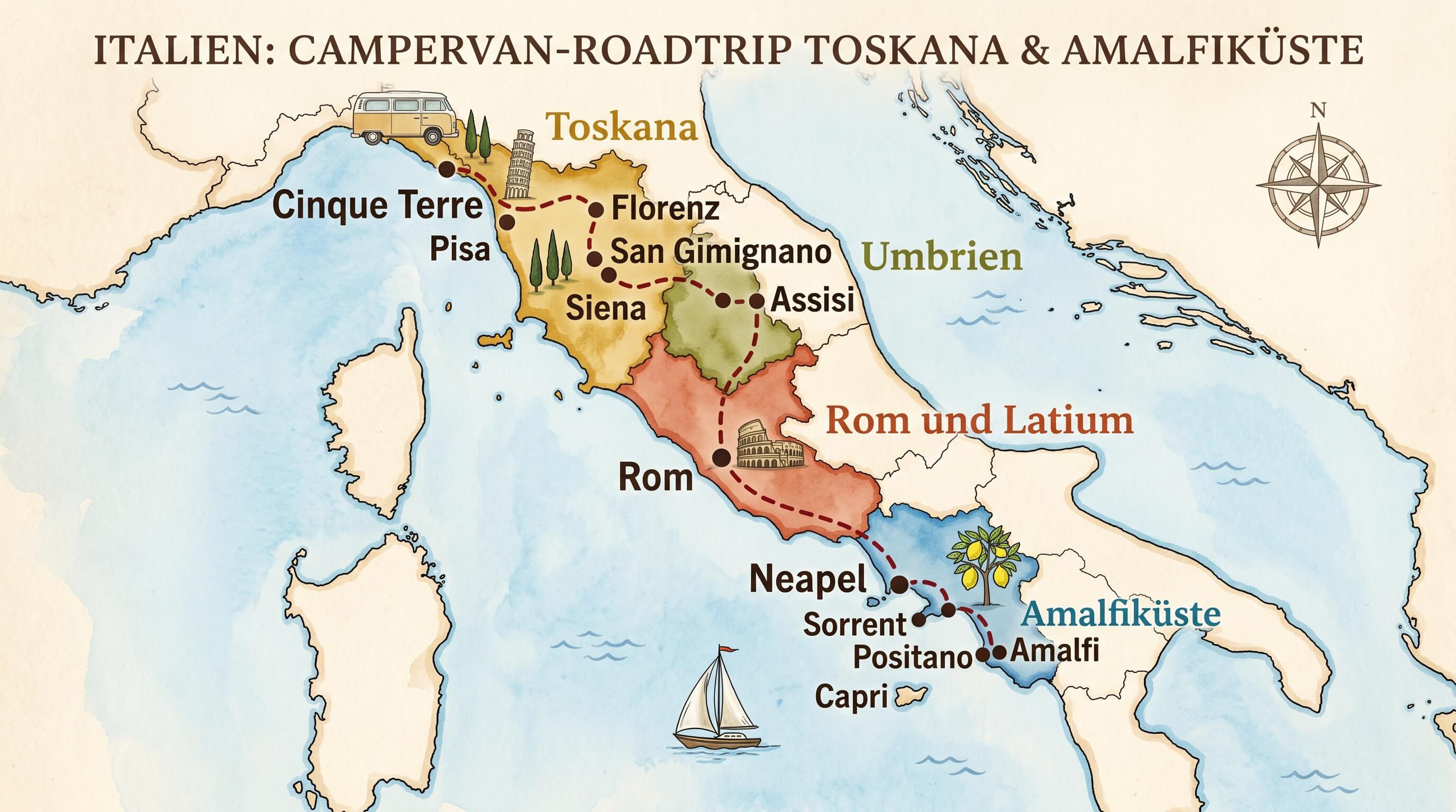 Italy map Campervan road trip Tuscany and Amalfi Coast with the regions of Tuscany, Umbria, Rome/Latium and Amalfi Coast