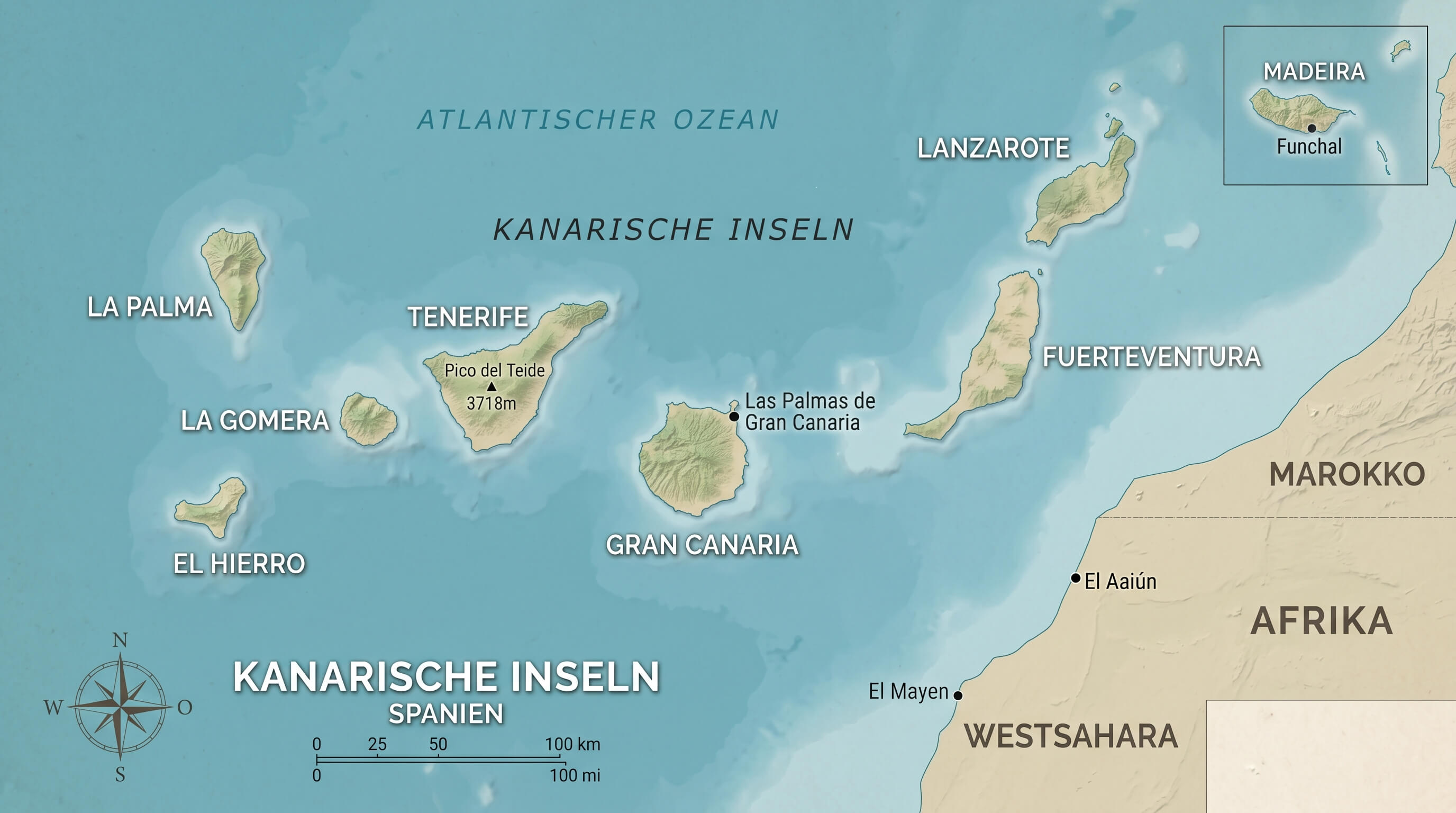 Kanarische Inseln Karte — alle 7 Hauptinseln vor der Westküste Afrikas
