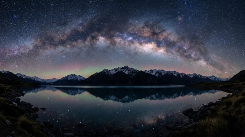 Milky Way over the Southern Alps in New Zealand, night sky with stars reflected in a mountain lake
