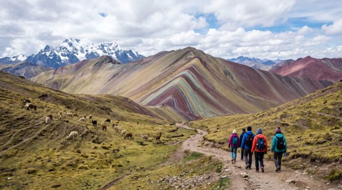 Rainbow Mountain Peru Vinicunca — Lamas und Wanderer vor den bunten Anden-Bergen