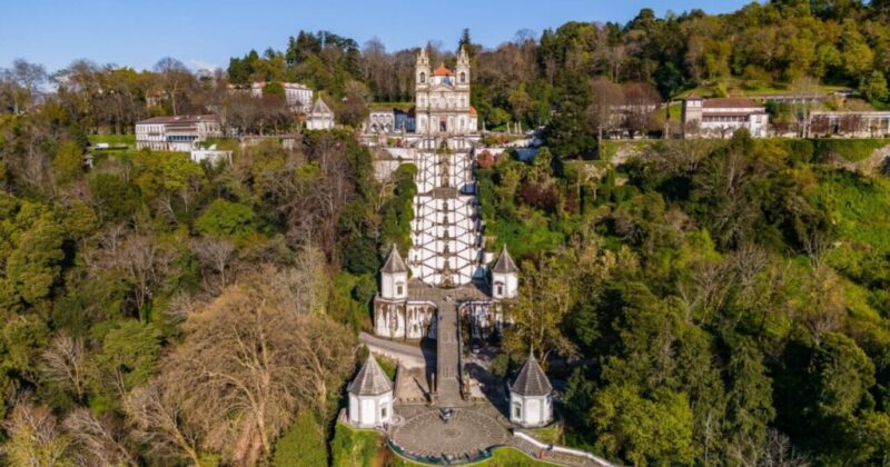 Drone footage of Bom Jesus do Monte, Braga, Portugal - UNESCO World Heritage Site, Staircase