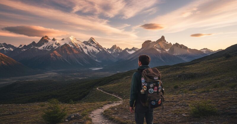 Solo backpacker at a mountain pass in Patagonia at sunset — symbolic of long-term travel with travel insurance