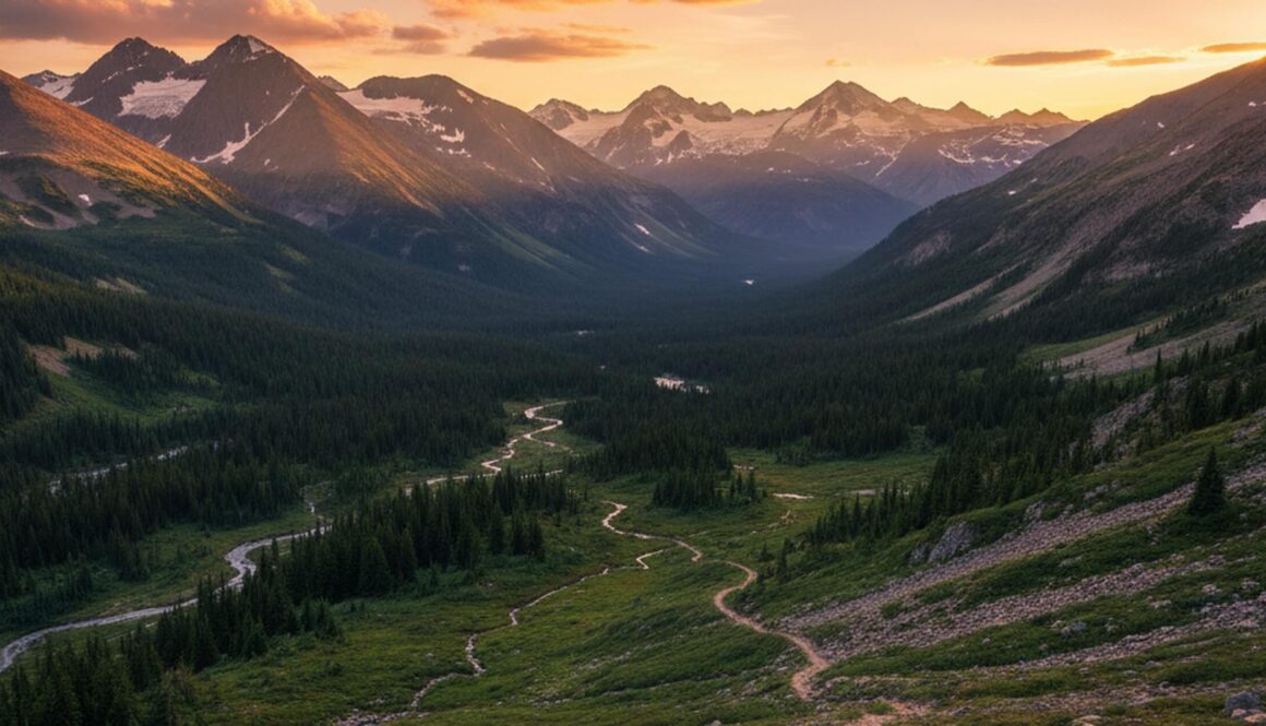 Abgelegenes Bergtal bei Sonnenuntergang mit Wanderpfad — Reisekrankenversicherung SafetyWing vs World Nomads