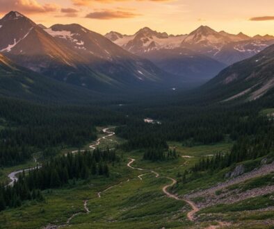 Remote mountain valley at sunset with hiking trail — Travel insurance SafetyWing vs World Nomads