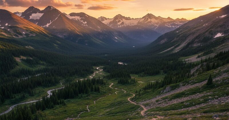 Remote mountain valley at sunset with hiking trail — Travel insurance SafetyWing vs World Nomads