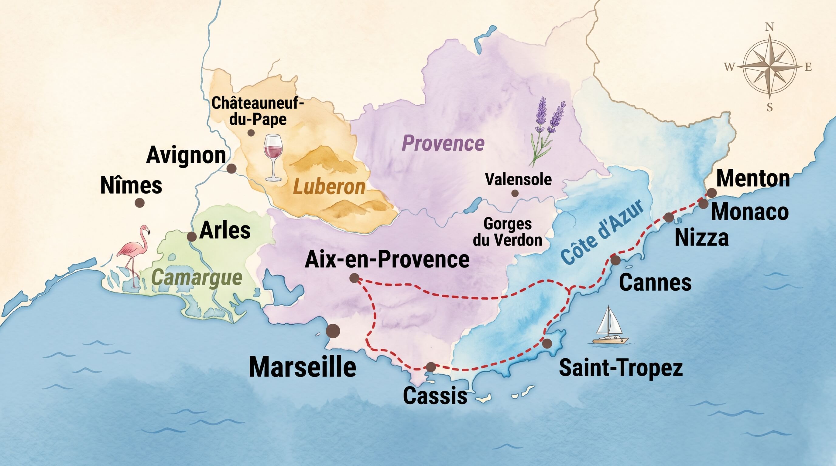 Map of Southern France showing the four main regions of Provence, Côte d'Azur, Camargue and Luberon, as well as the road trip route from Aix-en-Provence to Menton